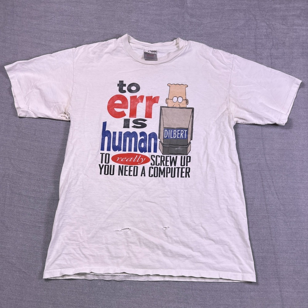 Oneita Dilbert To Err Is Human Single Stitch T-Shirt Mens L White Cotton